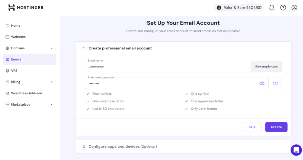 hPanel set up your email account step 1 create professional email account