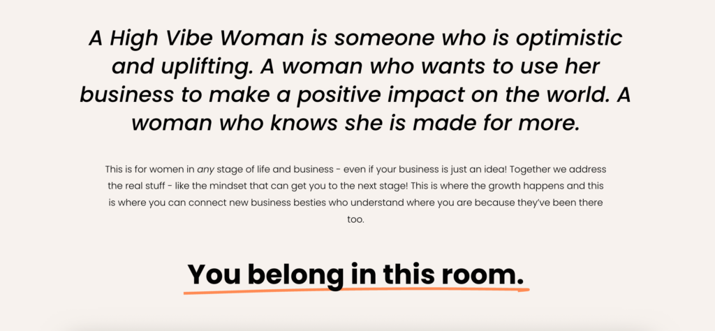 Section of High Vibe Women landing page speaking directly to their target audience