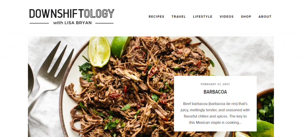 Homepage of Downshiftology featuring a barbacoa recipe