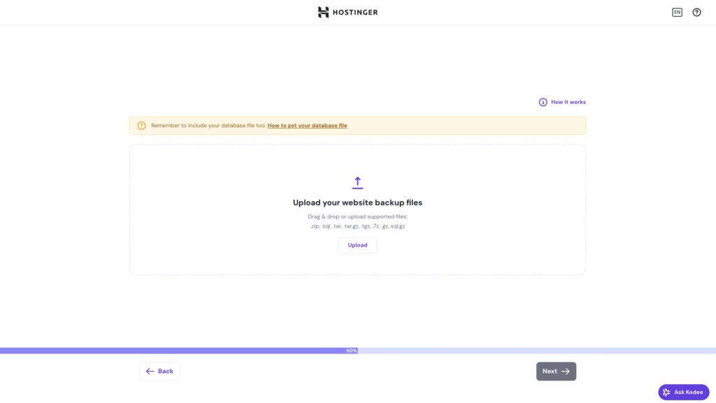 Hostinger migration stage where user imports their backup file