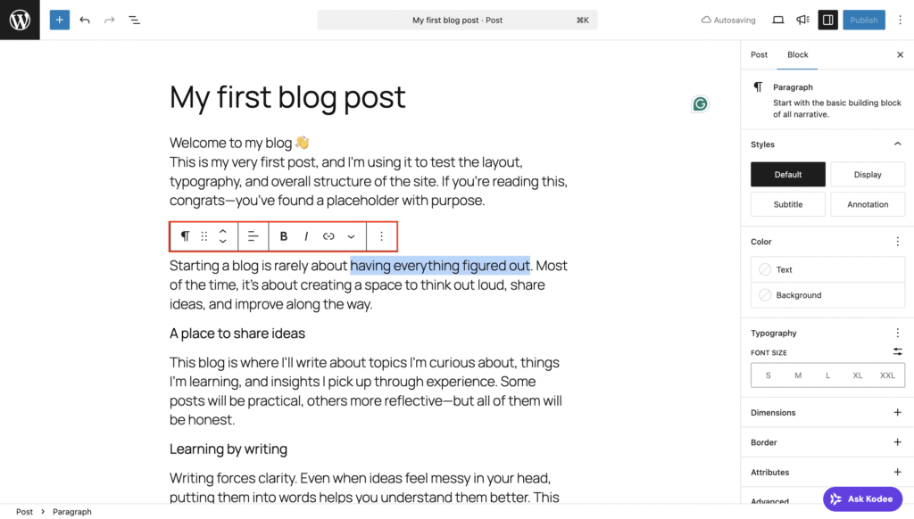 Text formatting menu in WordPress post editor
