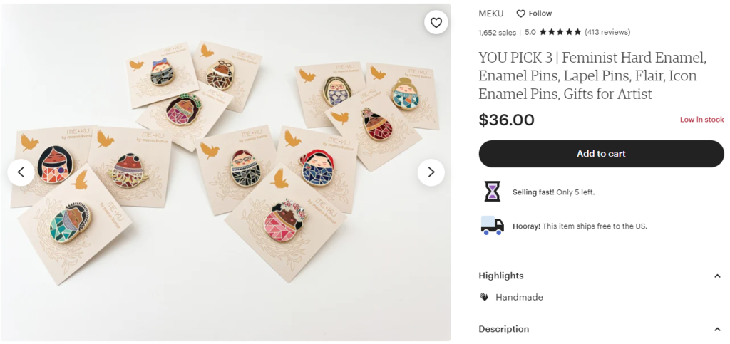 An example of handmade enamel pins for sale online