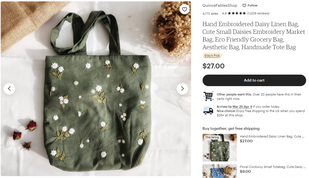 An example of a handmade tote bag for sale online