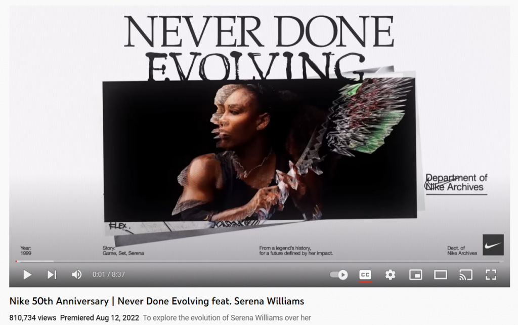 The YouTube video screenshot of Nike's advertisement, titled "Never Done Evolving"
