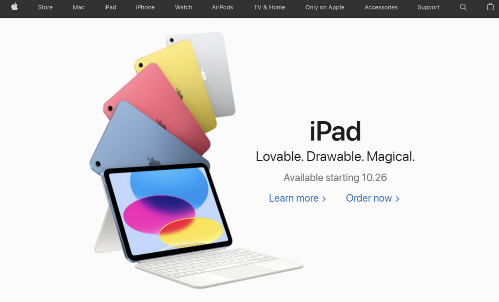 The homepage of Apple, an electronic device company with an iconic logo and great brand look