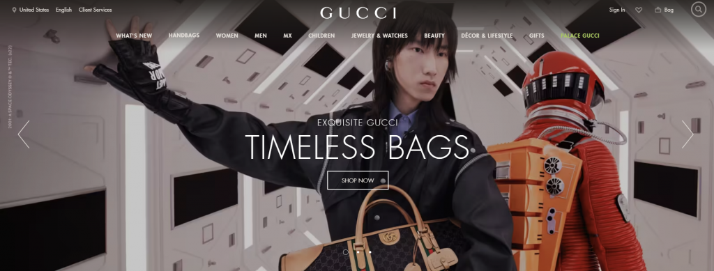 The homepage of Gucci, a luxurious fashion brand