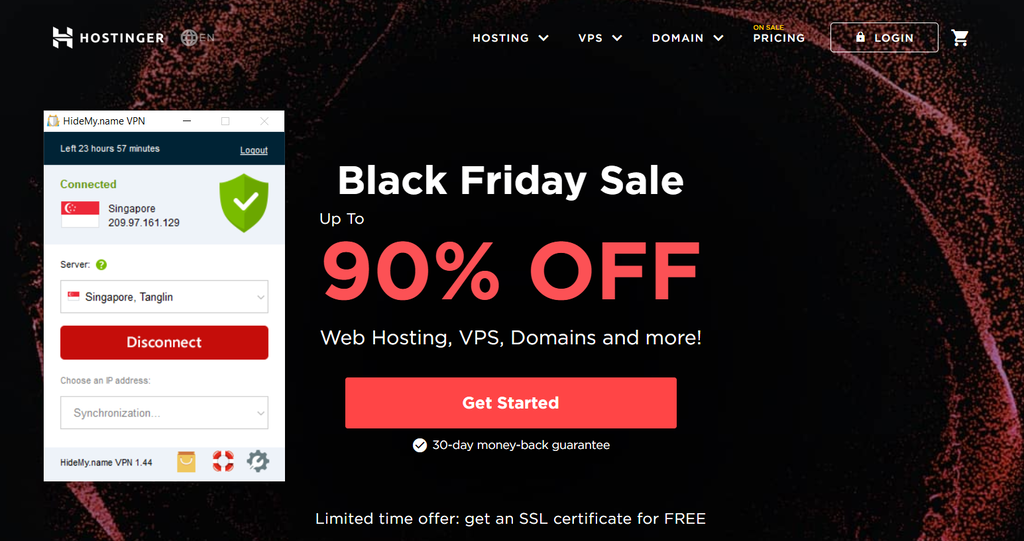 hostinger's vpn server test results in Singapore using hide my name