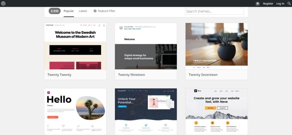 Screenshot of WordPress themes page
