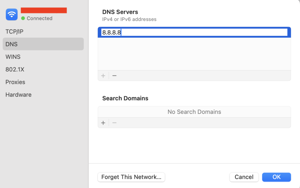 The DNS settings on macOS
