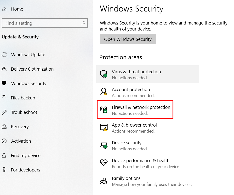 The Firewall & network protection option under Windows Security
