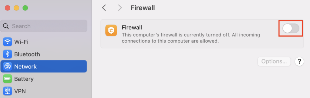 The Firewall settings on macOS with the toggle button highlighted in red
