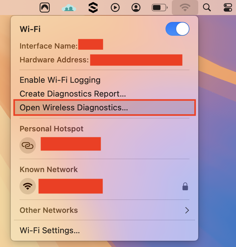 The Open Wireless Diagnostics option on macOS
