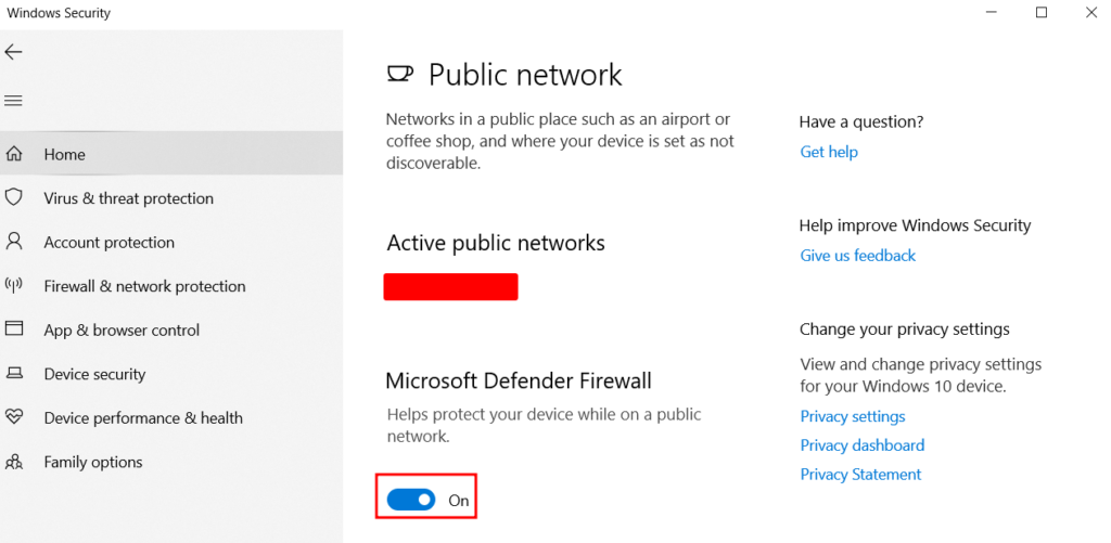The Public Network settings on Windows with the toggle button highlighted in red
