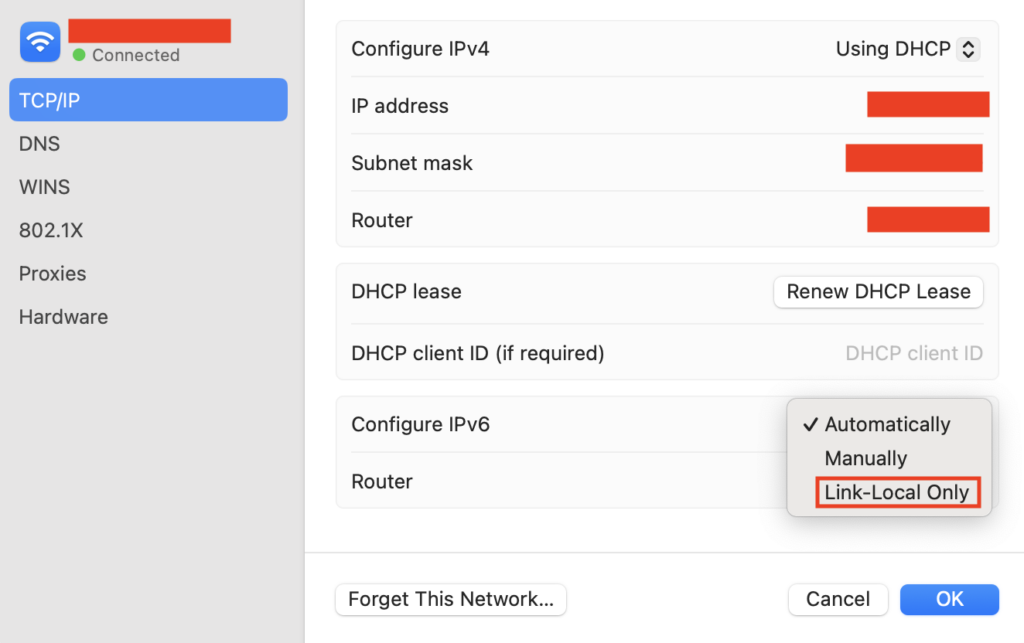 The TCP/IP settings on macOS with the Link-Local Only option highlighted in red
