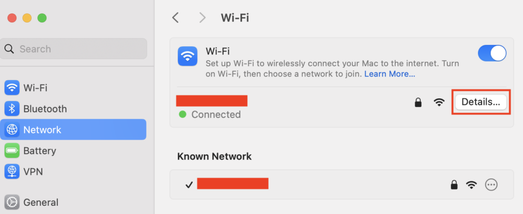 The Wi-Fi settings on macOS with the Details button highlighted in red
