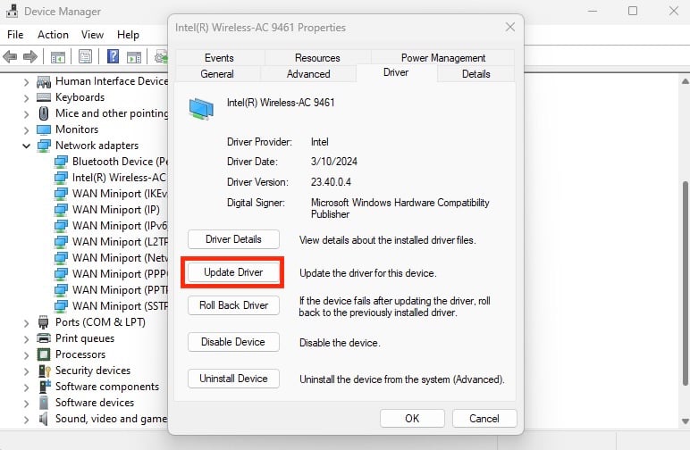 The option to Update Driver on Windows
