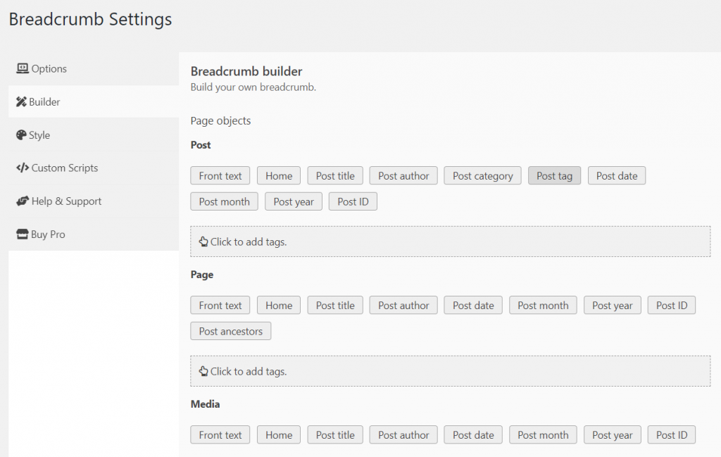 Breadcrumb builder tab in breadcrumb settings 