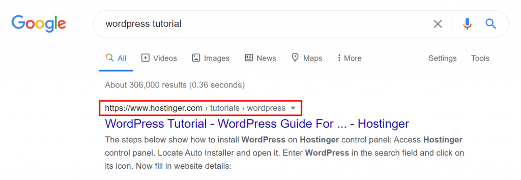 Google's result page highlighting an article's breadcrumbs