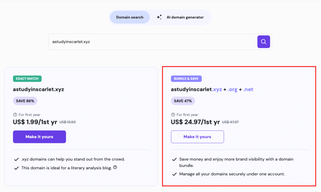 Hostinger domain search, highlighting the bundle deal