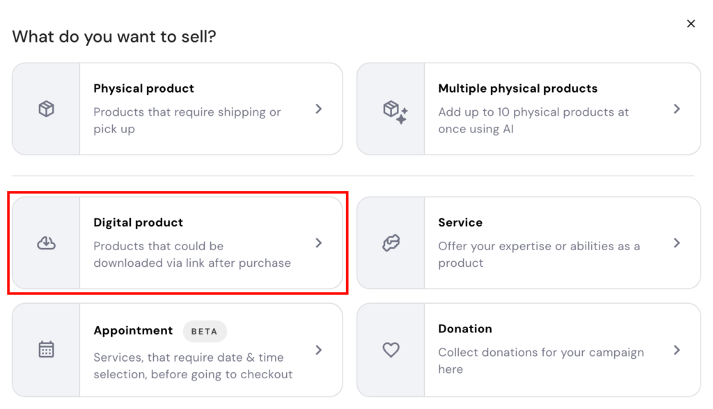 Hostinger eCommerce add products page highlighting digital product option