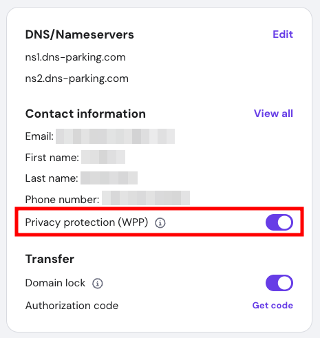 Domain overview page in hPanel, highlighting the toggle to enable domain privacy protection