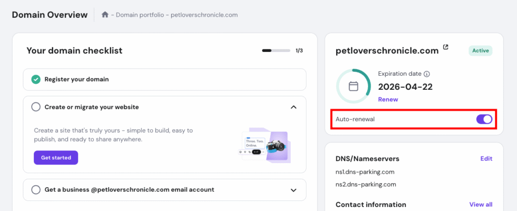 Domain overview page in hPanel, highlighting the auto-renewal option