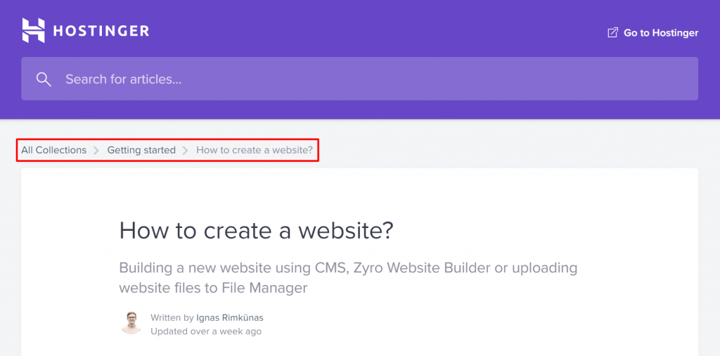 Hostinger's Knowledge Base, highlighting the breadcrumbs at the top of the page