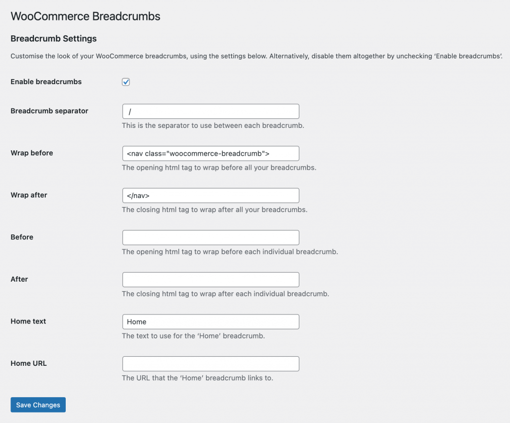 WooCommerce breadcrumb settings 