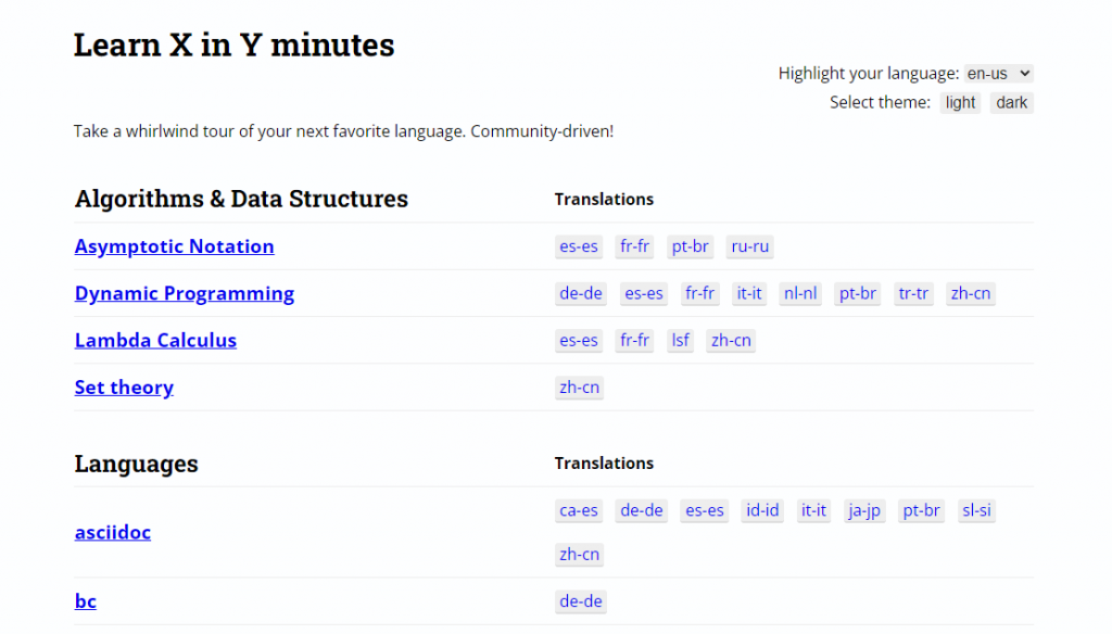 Learn X in Y Minutes website homepage