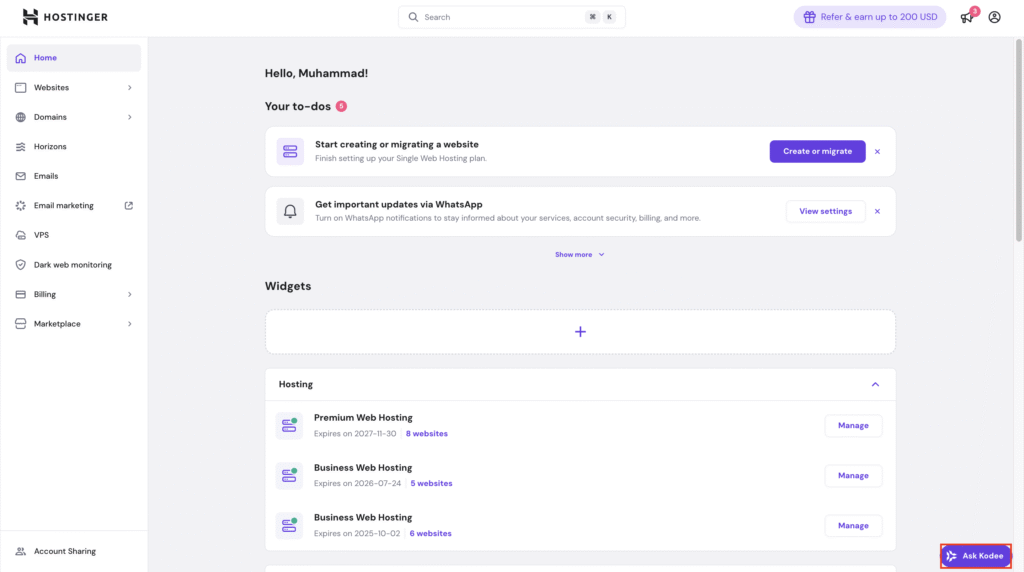 The Ask Kodee button in the Hostinger's hPanel interface