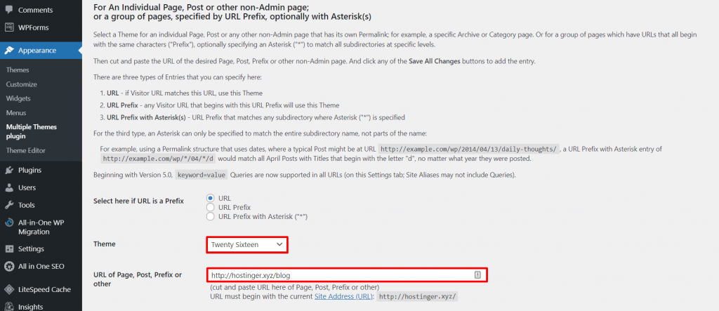 Choosing the Twenty Sixteen theme and typing only your site's URL for blog posts in the URL of Page, Post, Prefix or other field.