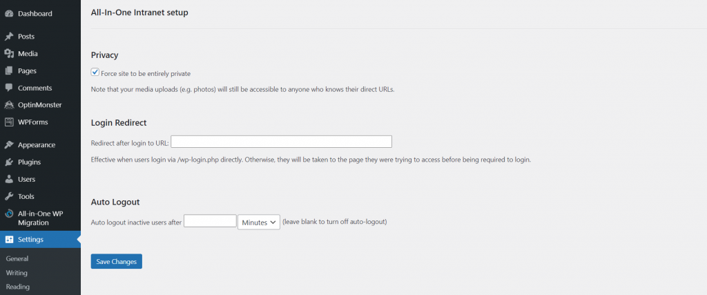 All-In-One Intranet plugin settings