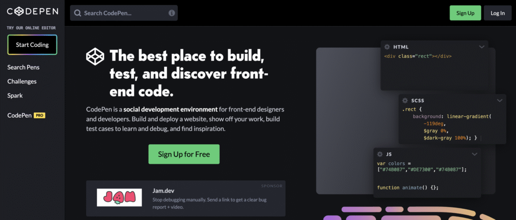 CodePen website homepage