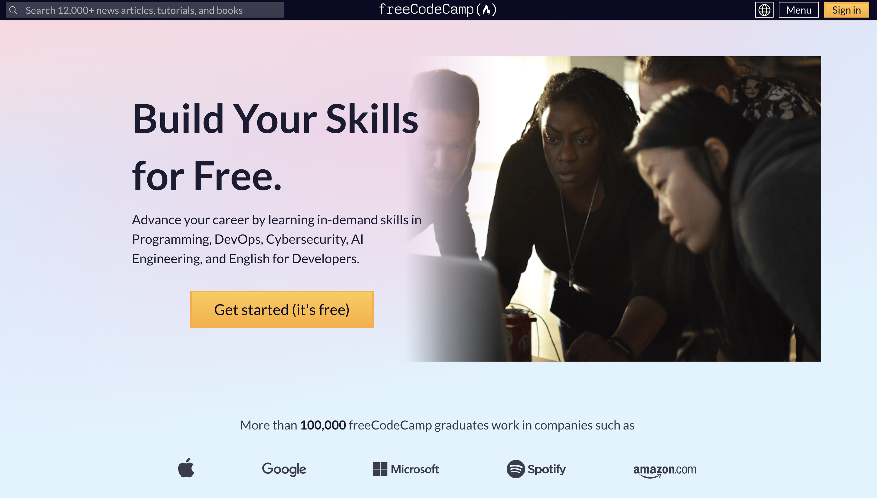 freeCodeCamp website homepage