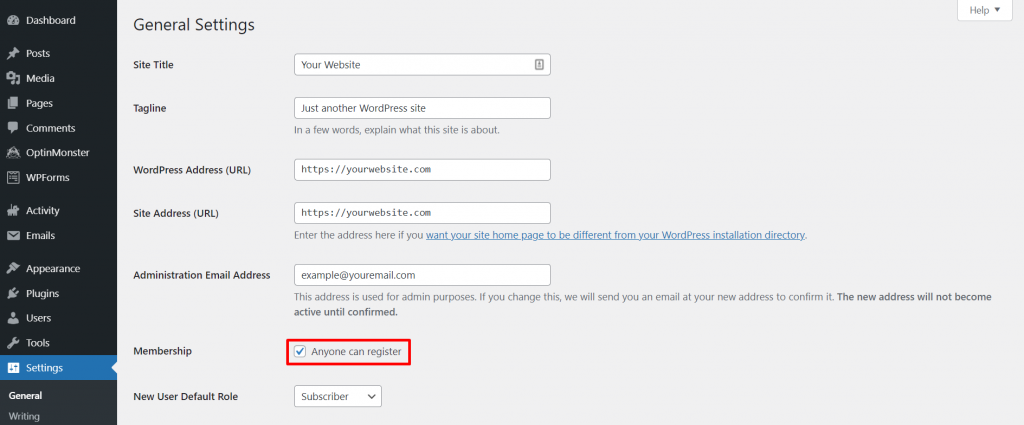 WordPress general settings