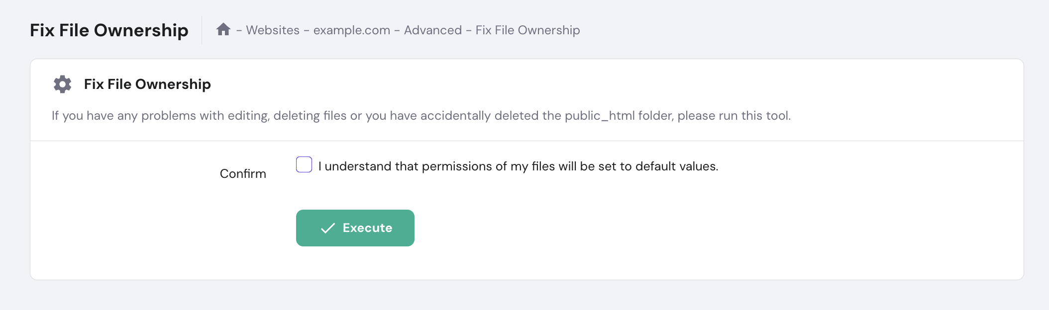 The Fix File Ownership menu in hPanel
