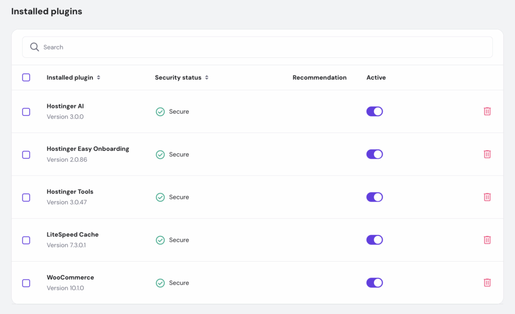 The Installed plugins section in hPanel
