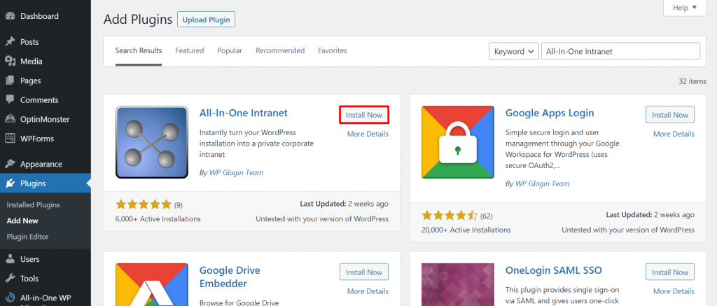 Add Plugins section, highlighting install All-In-One Intranet