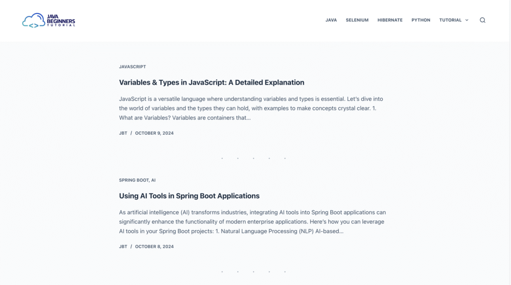 Java Beginners Tutorial website homepage