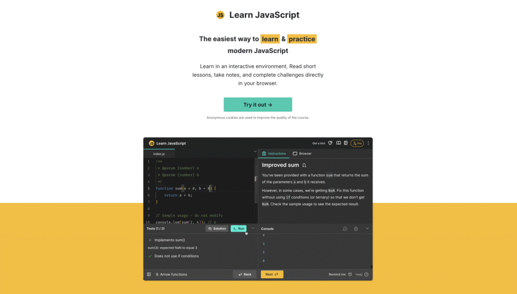 Learn JavaScript homepage