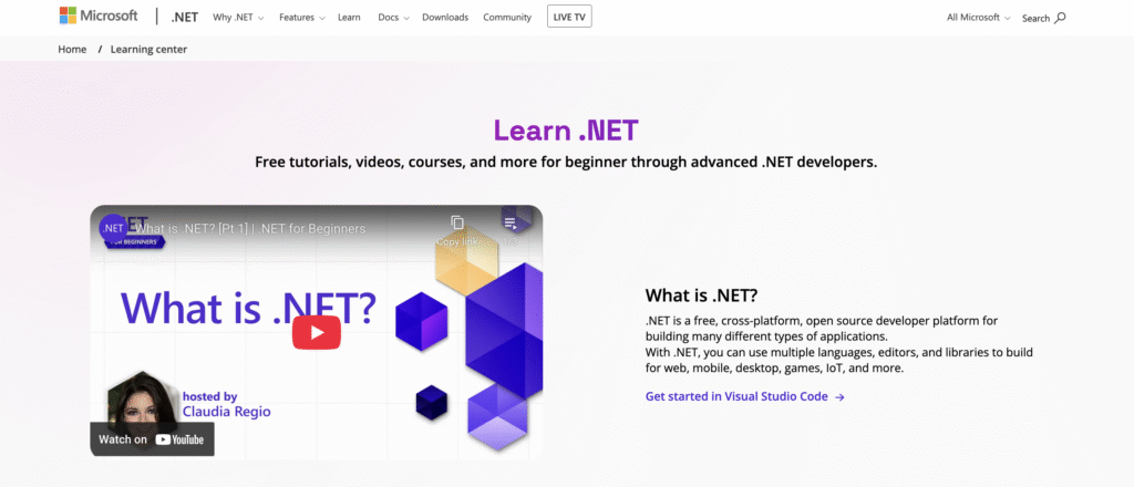 The Learn .NET page on the Microsoft website