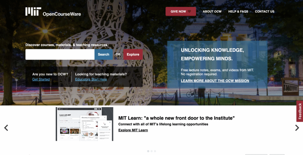 MIT OpenCourseWare website homepage