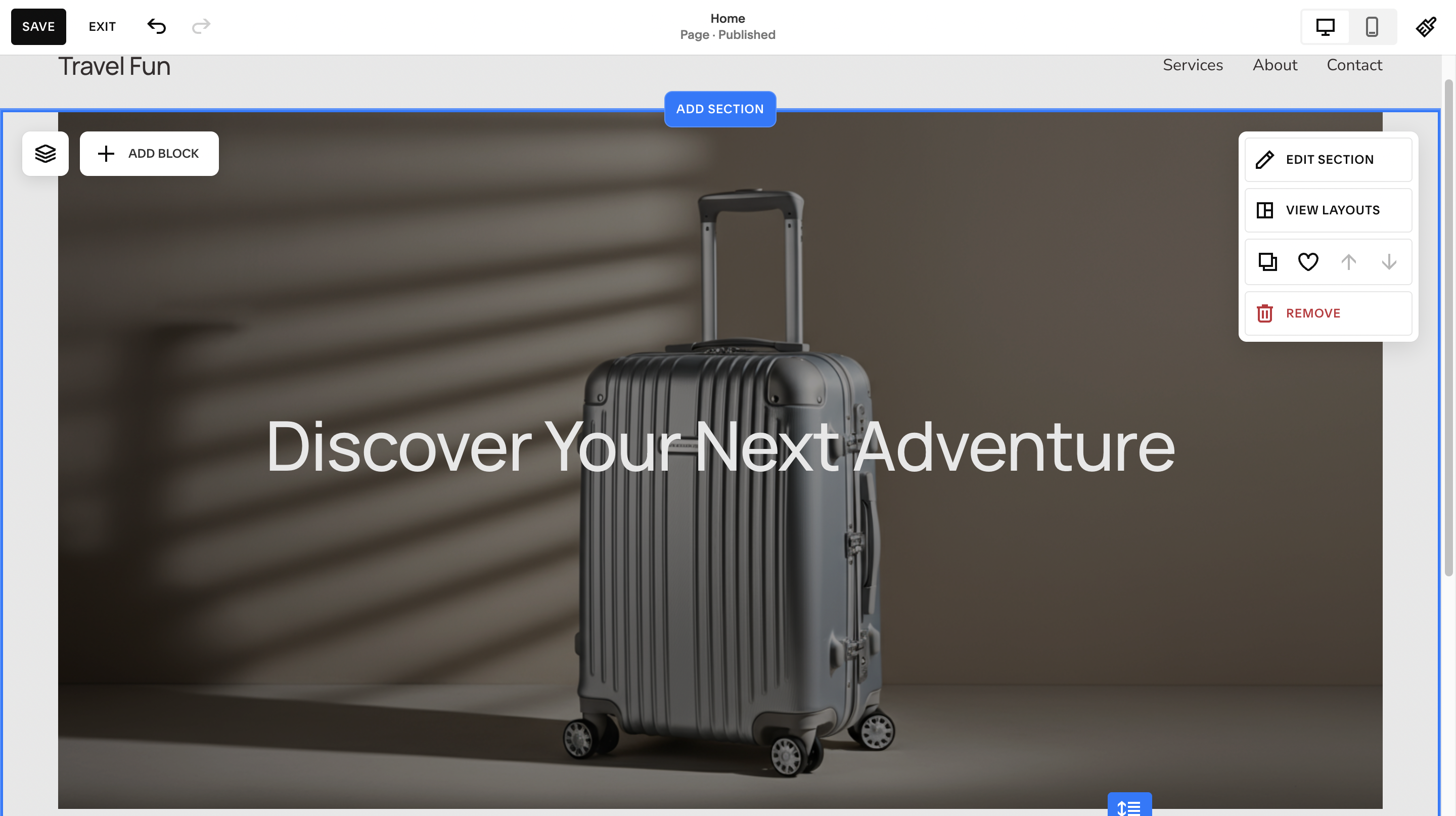 Squarespace's site editor interface