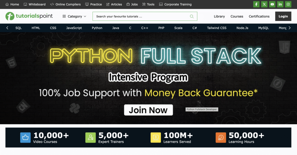 Tutorials Point website homepage 