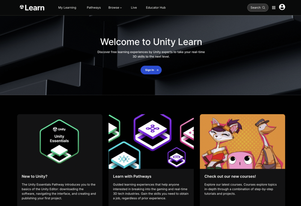 Unity Learn website homepage