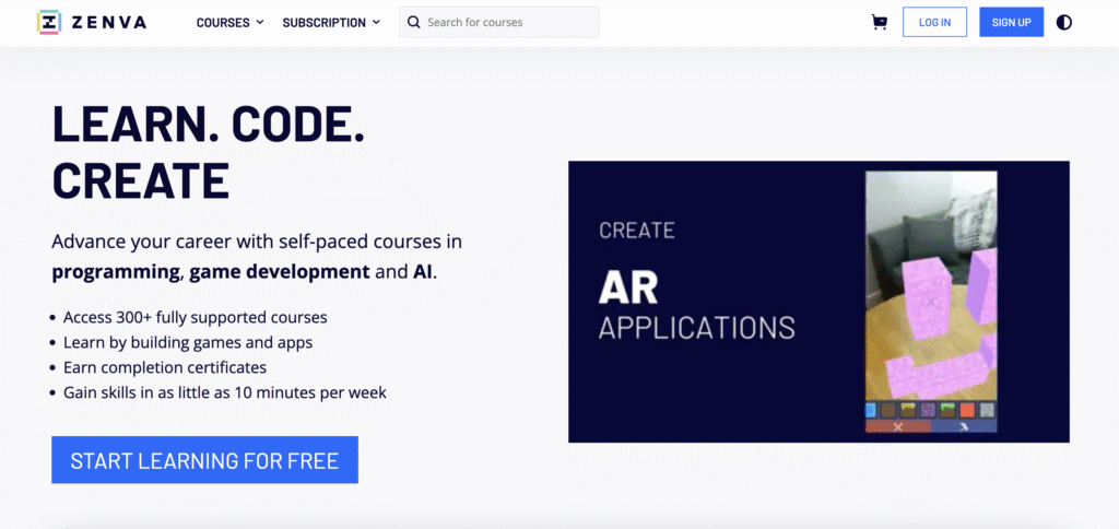 Zenva Academy website homepage