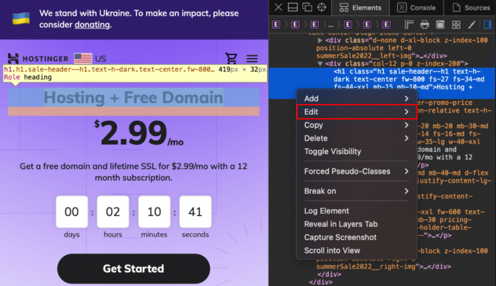 Editing a code using Web Inspector on Safari.