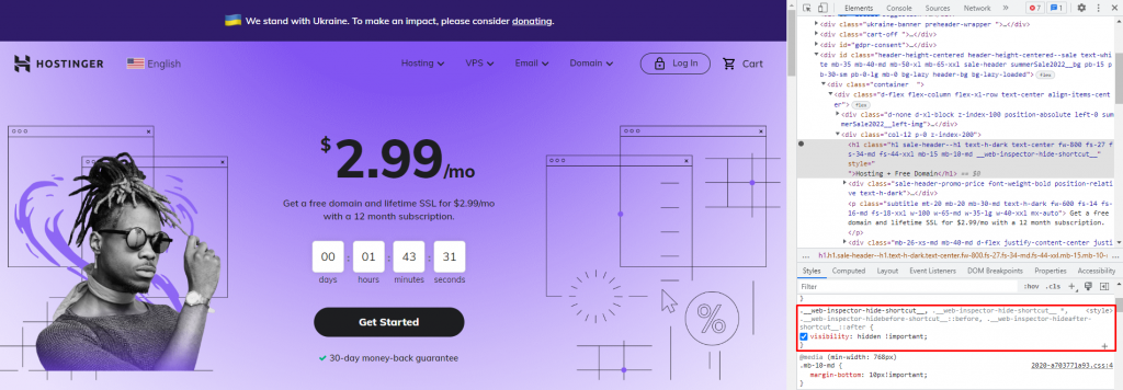 Hiding an element's style using Inspect Element on Chrome.