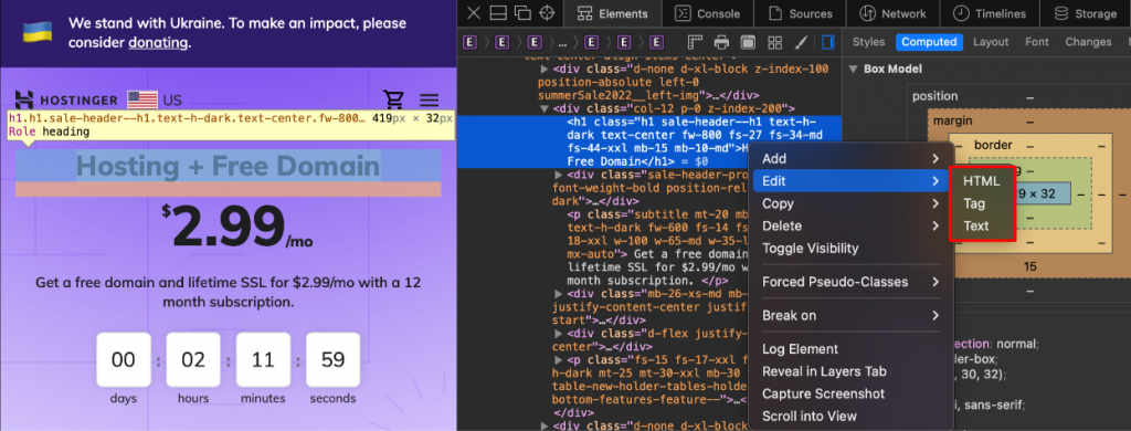 The editing options inside Safari's Web Inspector.