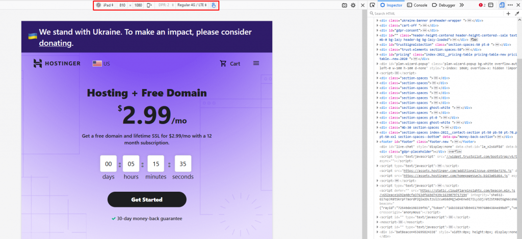 The site preview of hostinger.com on a different device using Responsive Design Mode on Firefox